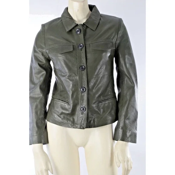 Zadig & Voltaire Liam Green Leather Button Down Collared Jacket Size XS